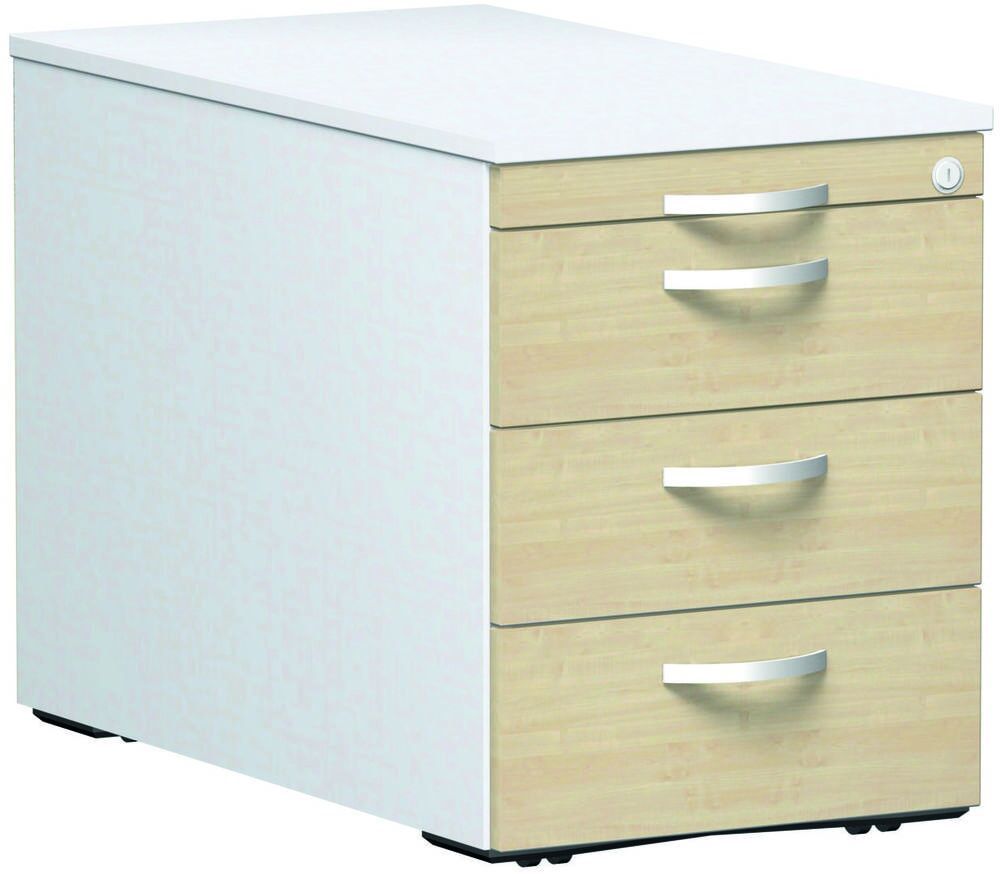 Rollcontainer, 3 Metallschubladen, Utensilienfach, Zentralverriegelung, 565 x 438 x 800 mm (HxBxT), Frontfarbe Ahorn, Korpusfarbe Buche