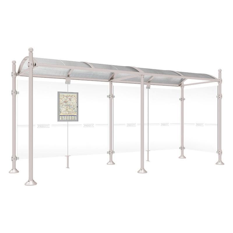 Buswartehalle, Unterstand, 2 Seitenwände, Kopf gebürsteter Edelstahl, ESG, Fahrplanschaukasten, 2.500 x 2.500 x 1.600 mm (HxBxT), Farbe enzianblau