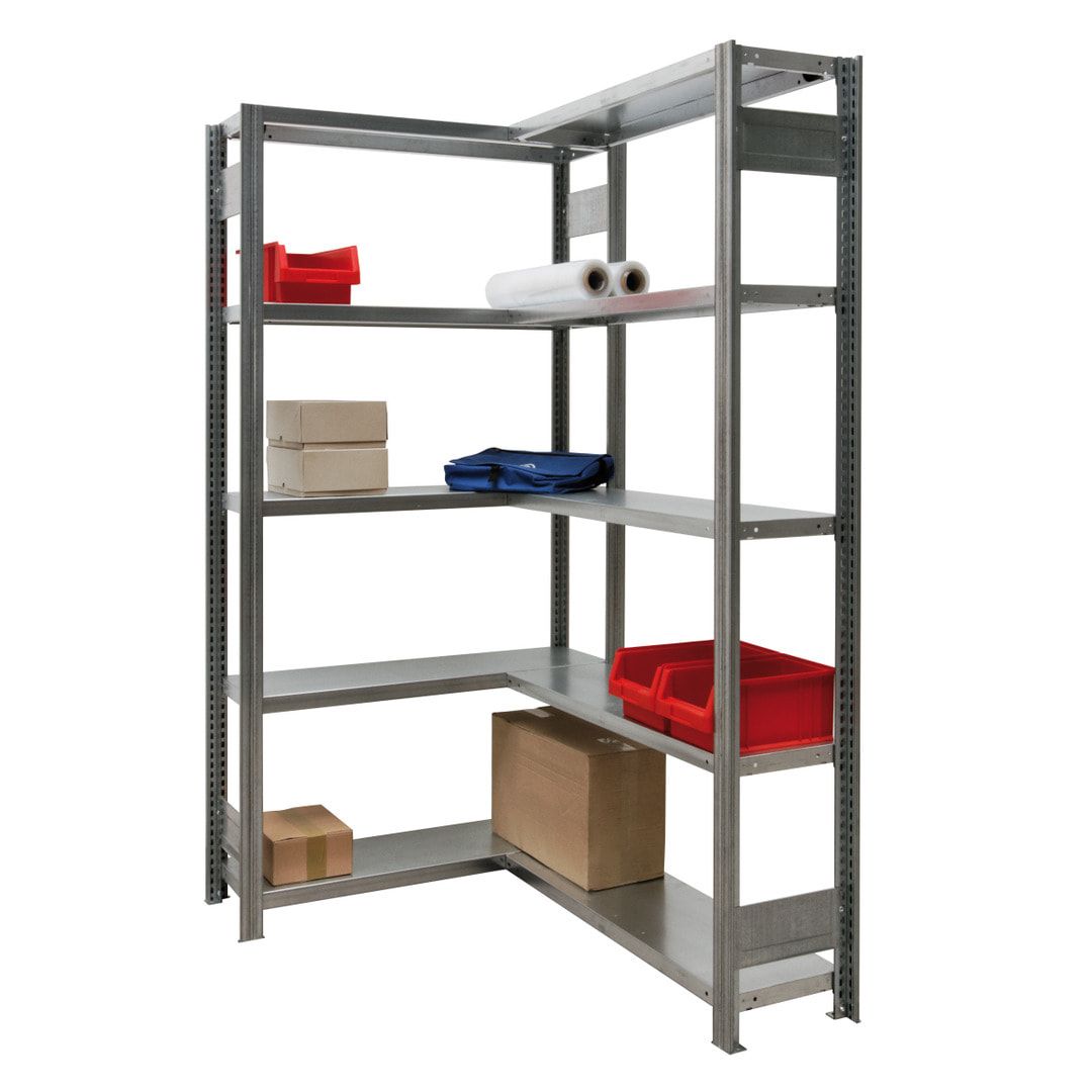 Eckregal mit 5 Stahlfachböden - 150 kg - 2.000 x 1.331 x 1.061 mm (HxBxT) - verzinkt - Fachbodenregal - BERT