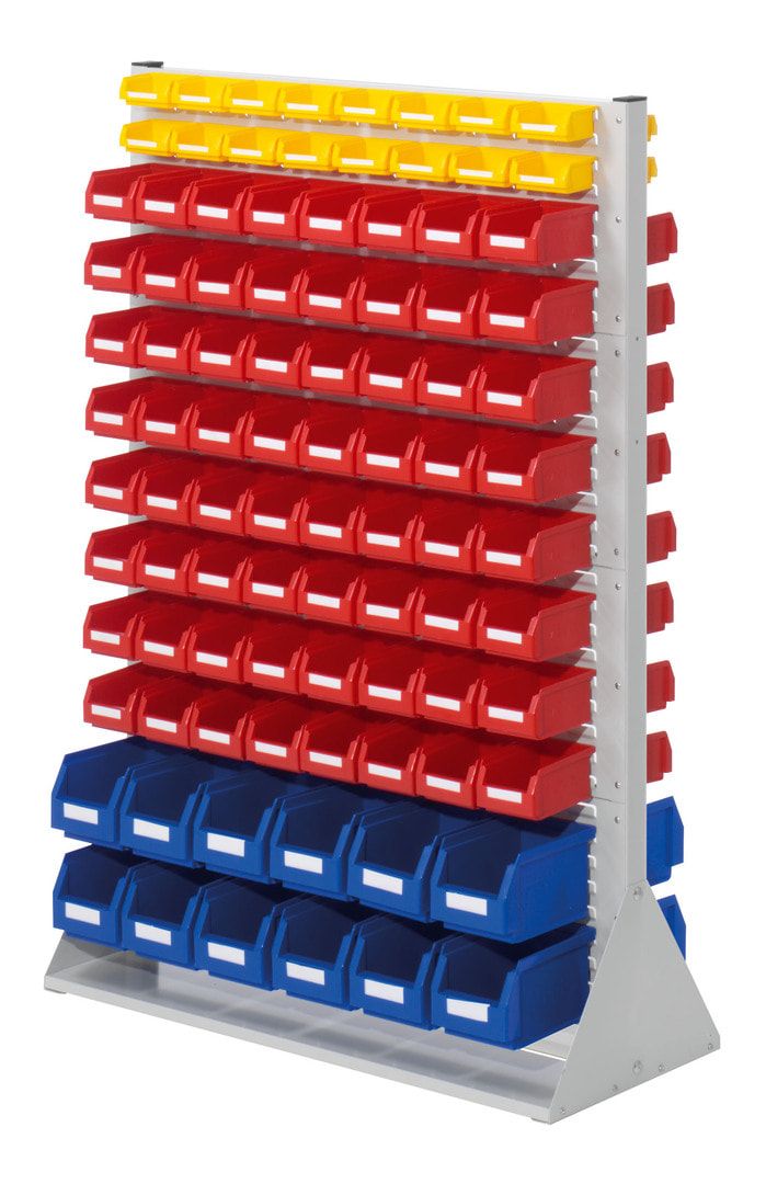 Stationäre Regalwand - Schlitzwand für Sichtlagerkästen - beidseitig - mit 108 Kästen bestückt - 1.450 x 1.000 x 430 mm (HxBxT)