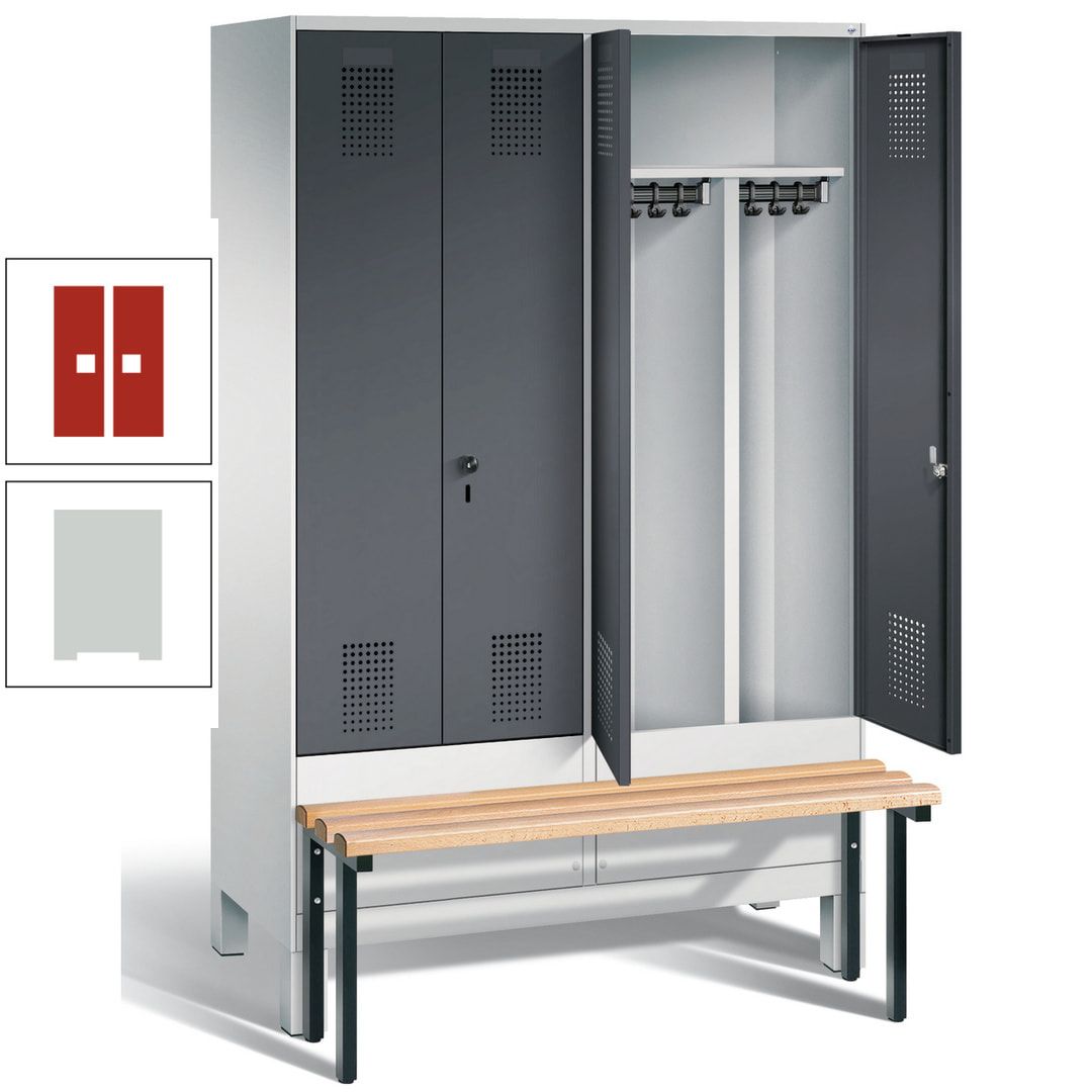 Doppel-Spind, Garderobenschrank, Buche Sitzbank vorgebaut, 4 Abteile a 300 mm, Korpus feuerrot, Tür Wasserblau, 1.850 x 1.200 x 815 mm (HxBxT)