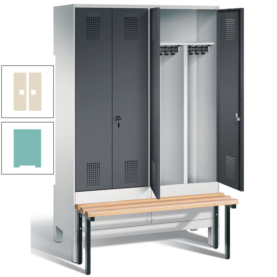 Doppel-Spind, Garderobenschrank, Buche Sitzbank vorgebaut, 4 Abteile a 300 mm, Korpus feuerrot, Tür Wasserblau, 1.850 x 1.200 x 815 mm (HxBxT)