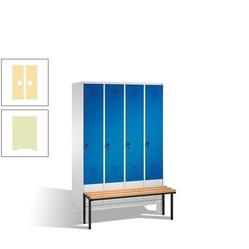 Stahl-Garderobenschrank, Spind, Buche Sitzbank vorgebaut, 4 Abteile a 300 mm, Korpus Lichtgrün, Tür Schwefelgelb, 1.850 x 1.200 x 815 mm (HxBxT)