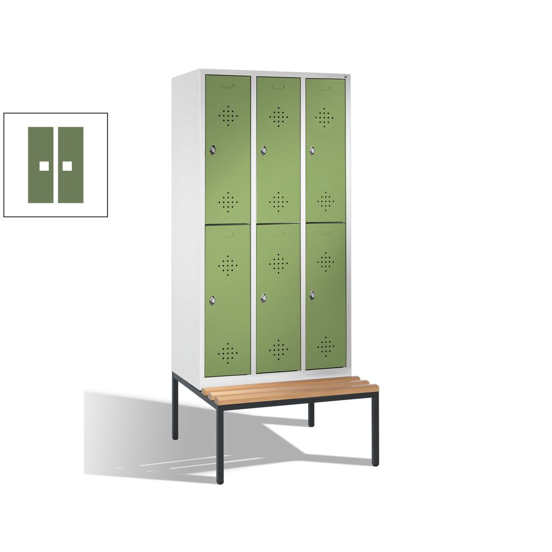 Garderobenschrank, Spind, 3 Abteile 6 Fächer, 2.090 x 1.200 x 815 mm (HxBxT), Hartholz Sitzbank untergebaut, Korpus lichtgrau, Türen anthrazitgrau