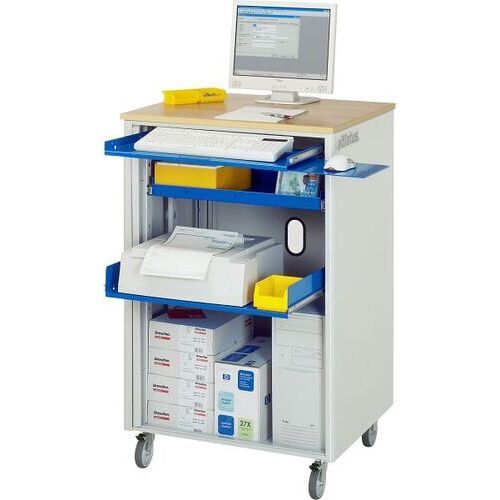 Computer-Arbeitsplatz, Buche-Dekor, Steckdosen, geteiltes Basisfach, abschließbare Rollladen,Tastaturschublade, mobil - Anthrazitgrau