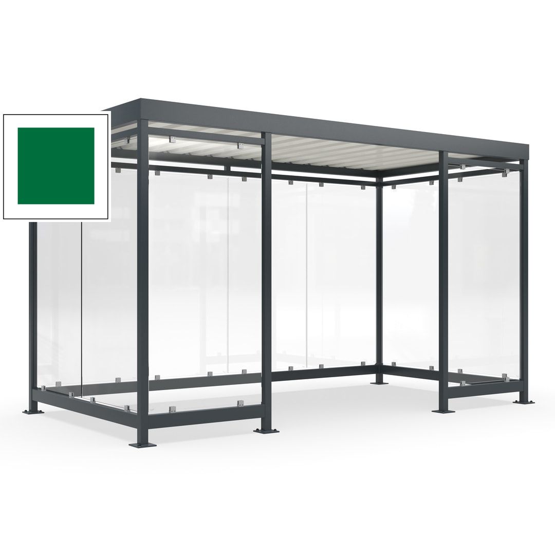 Fahrgastunterstand, Raucherunterstand, fertig montiert, Aufdübeln, 12-13 Personen, 2.510 x 4.195 x 2.165 mm (HxBxT), 10 Wände, Achatgrau