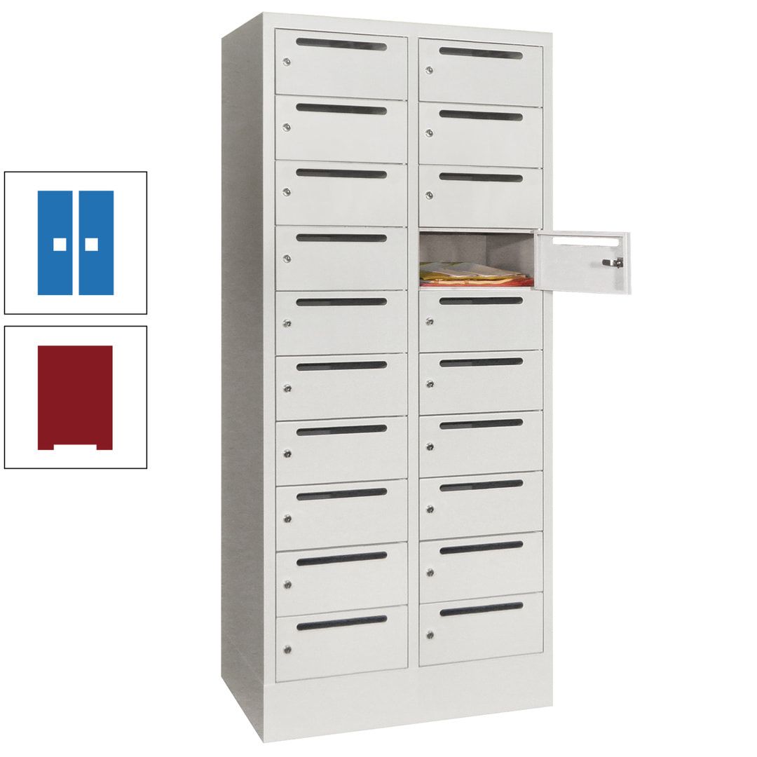 Postverteilerschrank, Schließfachschrank, 2 Abteile a 400 mm, 20 Fächer, 1.850 x 800 x 500 mm (HxBxT), Korpus anthrazitgrau, Front anthrazitgrau
