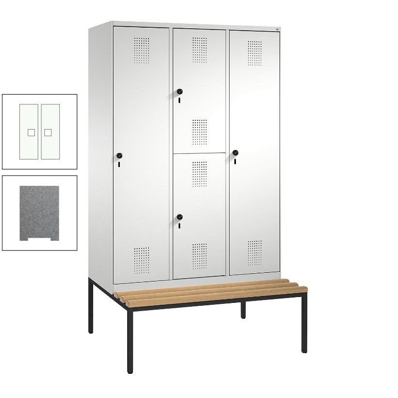 Garderobenschrank, Spind ein- und doppelstöckig Sitzbank, 3 Abteile, 4 Fächer, 2.090x1.200x500 mm (HxBxT), Front anthrazitgrau, Korpus anthrazitgrau