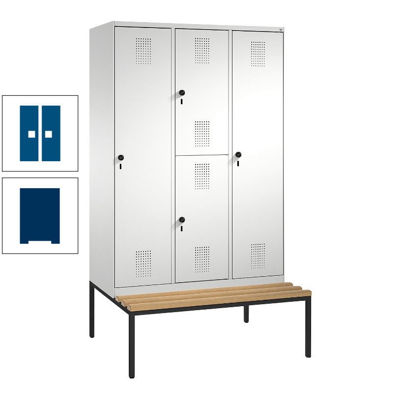 Garderobenschrank, Spind ein- und doppelstöckig Sitzbank, 3 Abteile, 4 Fächer, 2.090x1.200x500 mm (HxBxT), Front anthrazitgrau, Korpus anthrazitgrau