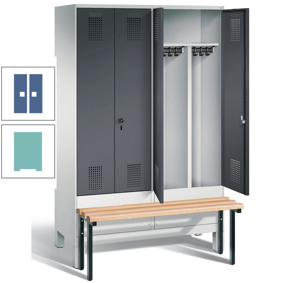 Doppel-Spind, Garderobenschrank, Buche Sitzbank vorgebaut, 4 Abteile a 300 mm, Korpus feuerrot, Tür Wasserblau, 1.850 x 1.200 x 815 mm (HxBxT)
