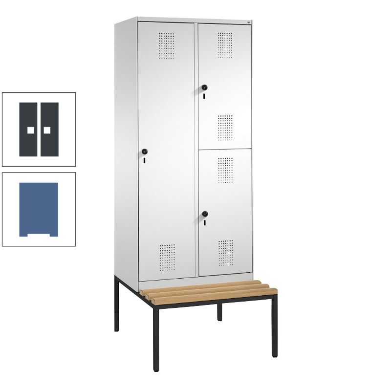 Garderobenschrank, Spind ein- und doppelstöckig Sitzbank, 2 Abteile, 3 Fächer, 2.090 x 800 x 500 mm (HxBxT), Front anthrazitgrau, Korpus anthrazitgrau