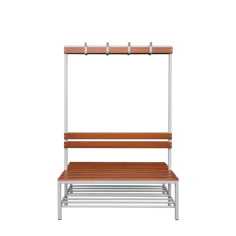 Umkleidebank, doppelseitig, Schuhrost, Haken, Breite 1.200 mm, Sitzhöhe 400 mm, Stahl mit Holzleisten, Gestell: lichtgrau, Sitzleisten: Buche
