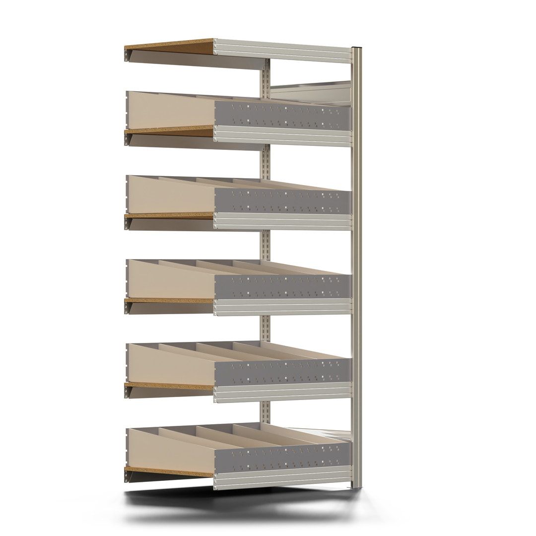 Schwerlast Schüttgutregal, Eisenwarenregal mit 5 x Schüttgut Ebene, 2.000 x 875 x 626 mm (HxBxT), verzinkt, Anbauregal, Steckregal, BERT