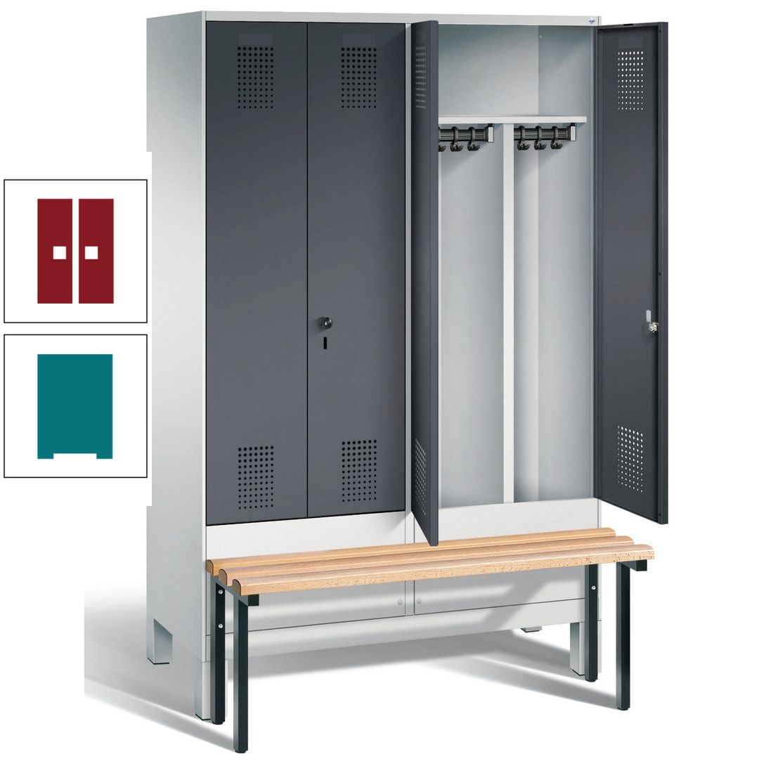 Doppel-Spind, Garderobenschrank, Buche Sitzbank vorgebaut, 4 Abteile a 300 mm, Korpus feuerrot, Tür Wasserblau, 1.850 x 1.200 x 815 mm (HxBxT)