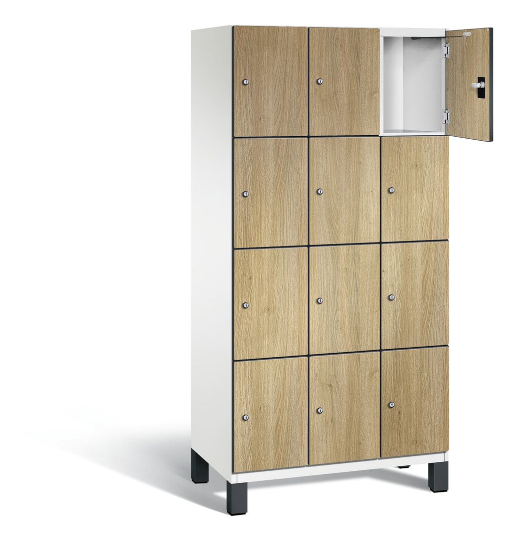 Fächerschrank, Stahlschrank, 12 Fächer, Türöffnungsbegrenzer, Füße, Korpus anthrazitgrau, Dekorfront HPL Donau-Ahorn, 1.980 x 900 x 525 mm (HxBxT)