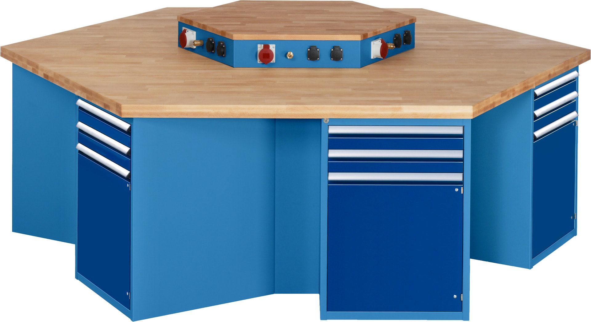 Gruppenwerkbank, Buche, Höhe 840 mm, mit Energieaufsatz, Unterbau-Container, 2 Schubladen, 1 Tür, 1 Boden - Anthrazitgrau