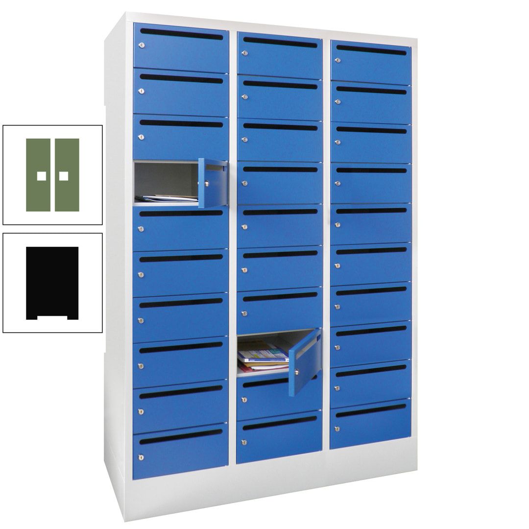 Postverteilerschrank, Schließfachschrank, 3 Abteile a 300 mm, 30 Fächer, 1.850 x 900 x 500 mm (HxBxT), Korpus anthrazitgrau, Front anthrazitgrau