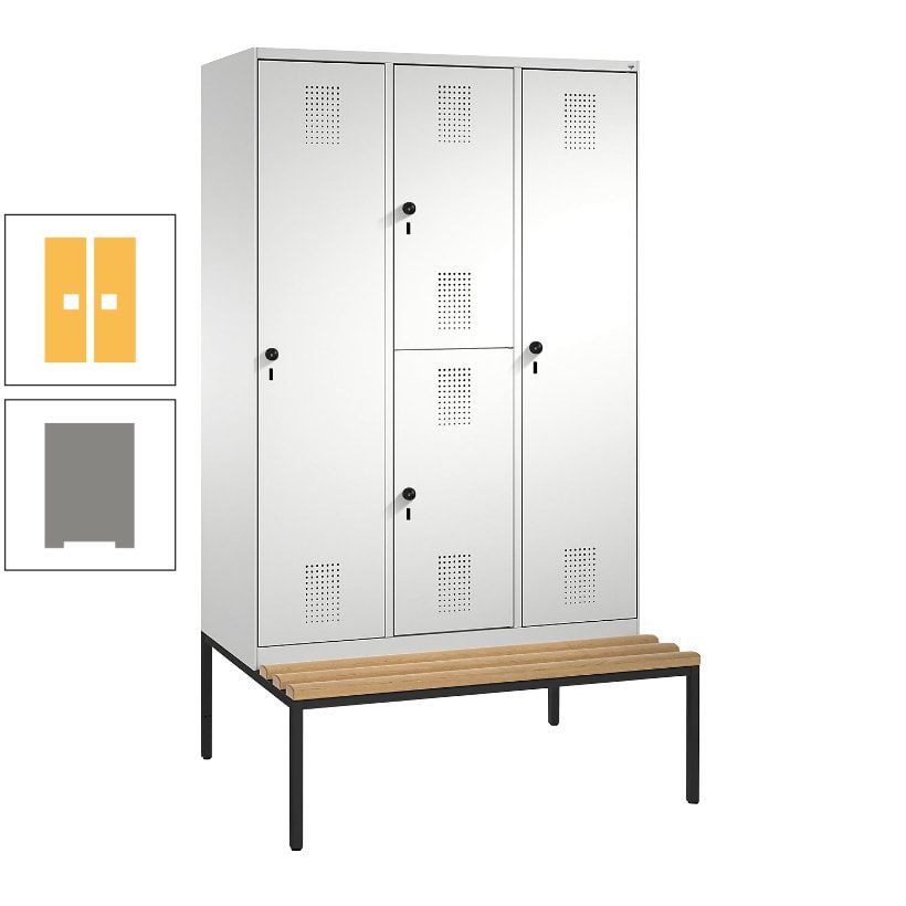 Garderobenschrank, Spind ein- und doppelstöckig Sitzbank, 3 Abteile, 4 Fächer, 2.090x1.200x500 mm (HxBxT), Front anthrazitgrau, Korpus anthrazitgrau