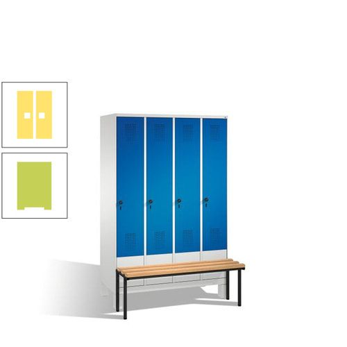 Stahl-Garderobenschrank, Spind, Buche Sitzbank vorgebaut, 4 Abteile a 300 mm, Korpus Lichtgrün, Tür Schwefelgelb, 1.850 x 1.200 x 815 mm (HxBxT)