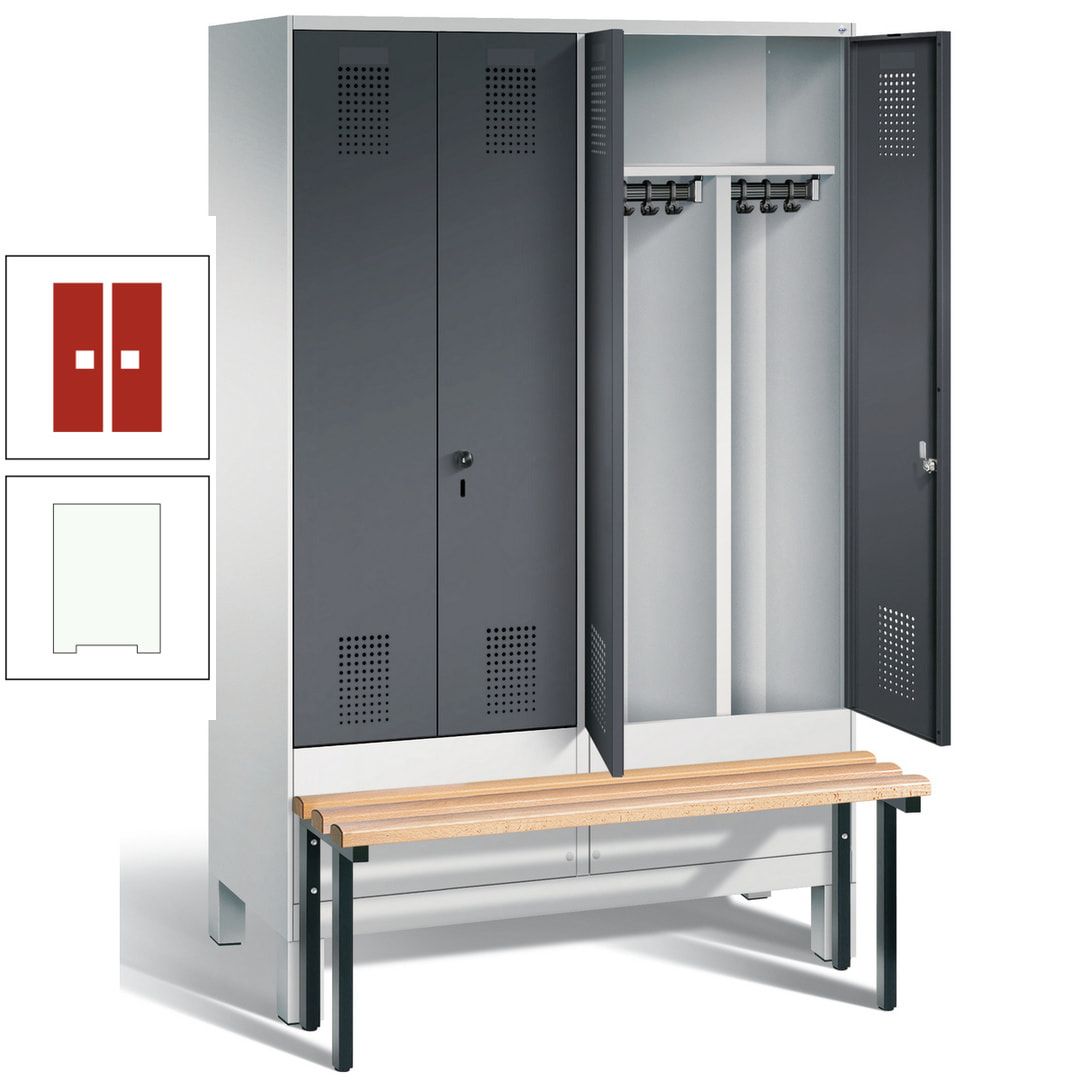 Doppel-Spind, Garderobenschrank, Buche Sitzbank vorgebaut, 4 Abteile a 300 mm, Korpus feuerrot, Tür Wasserblau, 1.850 x 1.200 x 815 mm (HxBxT)
