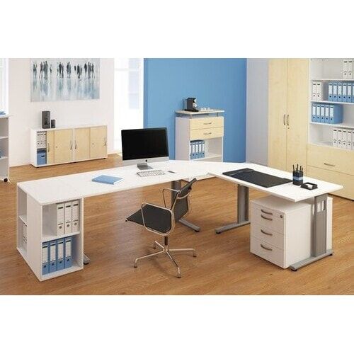 Eckschreibtisch, Bürotisch, Füße einseitig verkürzt, C-Fuß Flex, Ecke rechts, 720 x 1.800 x 1.000 mm (HxBxT), Gestell silber, Dekor Ahorn