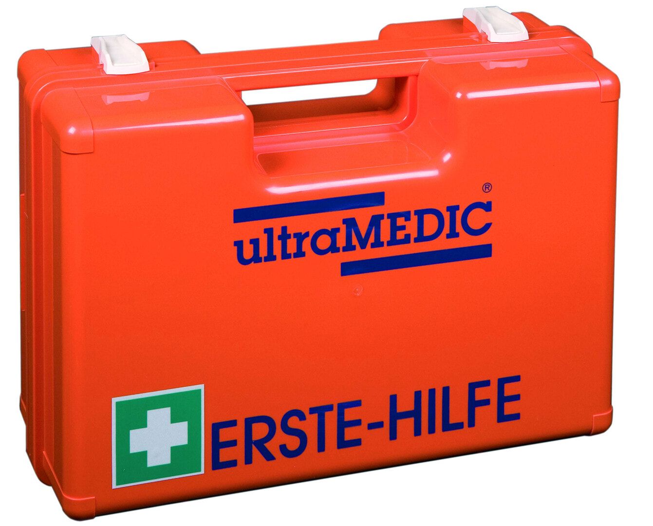 ultraMEDIC Erste-Hilfe-Koffer, Verbandkasten, fluoreszierend, mit Füllsortiment, DIN 13157, 215 x 285 x 120 mm (HxBxT), Wandhalterung, ABS, orange