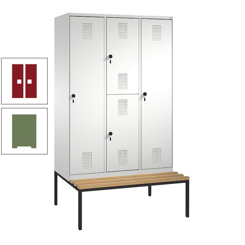 Garderobenschrank, Spind ein- und doppelstöckig Sitzbank, 3 Abteile, 4 Fächer, 2.090x1.200x500 mm (HxBxT), Front anthrazitgrau, Korpus anthrazitgrau