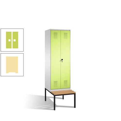 Doppel-Spind, Garderobenschrank, Buche Sitzbank untergebaut, 2 Abteile a 300 mm, Korpus anthrazitgrau, Tür anthrazitgrau, 2.090 x 600 x 815 mm (HxBxT)