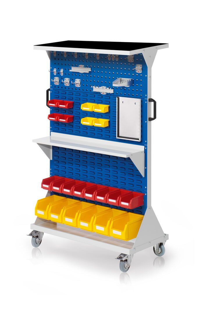 Mobiler Rollwagen, 2 Loch- und 6 Schlitzplatten, 18 Halter und 18 Sichtlagerkästen, Böden, Formularhalter, 1.620 x 1.000 x 500 mm (HxBxT), Enzianblau