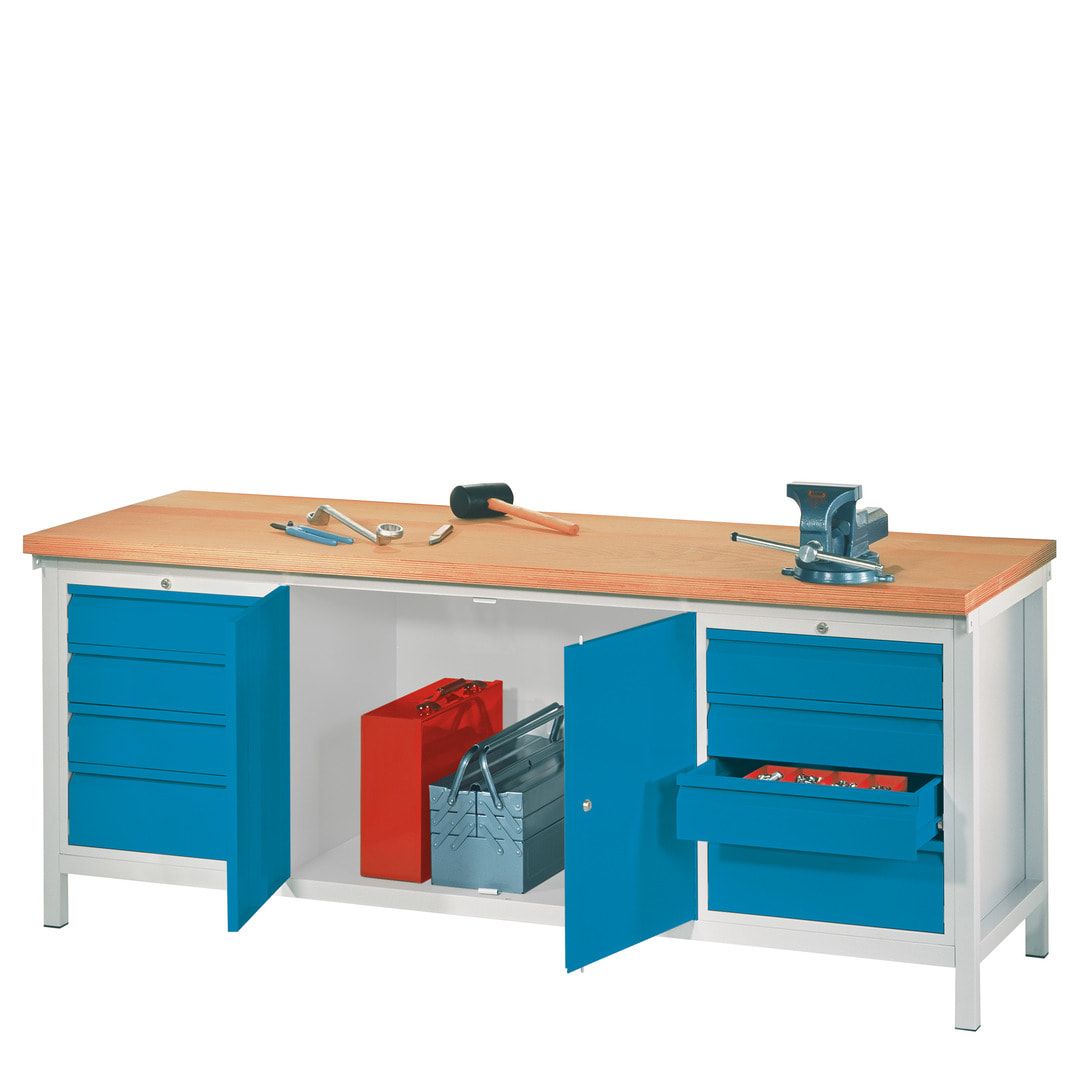 Werkbank mit Schubladenblöcken und Schrank - Traglast 1.400 kg - 900 x 2.000 x 700 (HxBxT) - anthrazitgrau