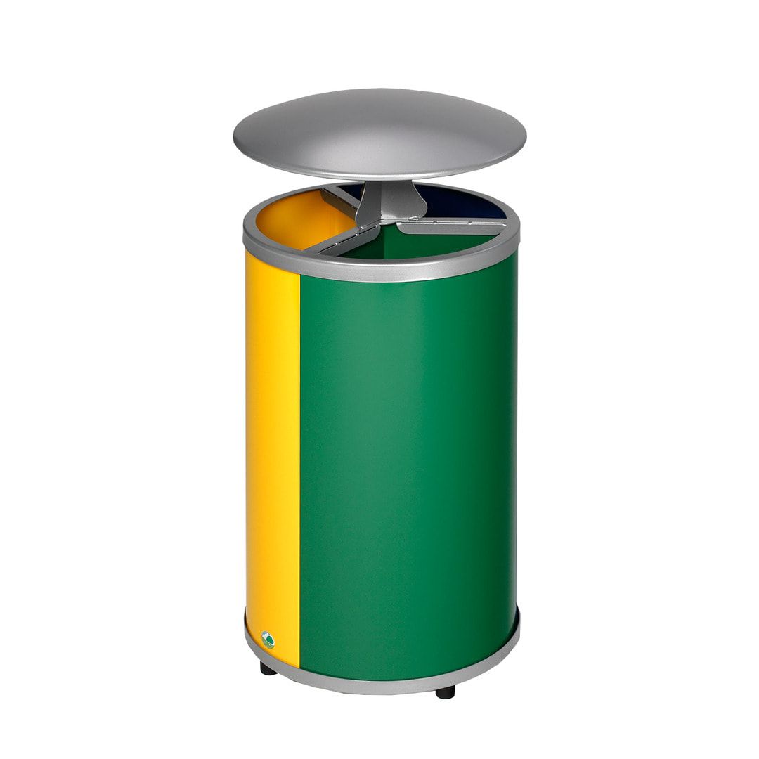 Runde Wertstoffstation mit Dach - Edelstahl - Volumen 3 x 30 l