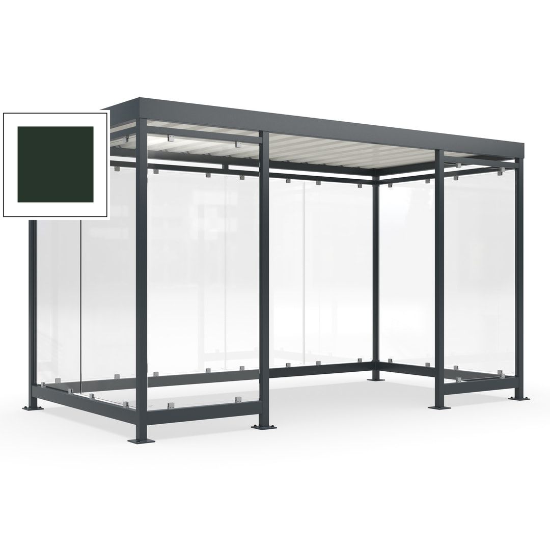Fahrgastunterstand, Raucherunterstand, fertig montiert, Aufdübeln, 12-13 Personen, 2.510 x 4.195 x 2.165 mm (HxBxT), 10 Wände, Achatgrau