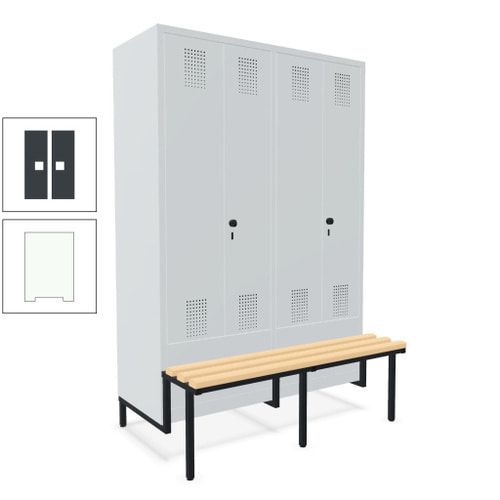 Doppel-Spind, Garderobenschrank, Buche Sitzbank integriert, 4 Abteile 300 mm, Korpus anthrazitgrau, Tür anthrazitgrau, 1.850 x 1.200 x 815 mm (HxBxT)