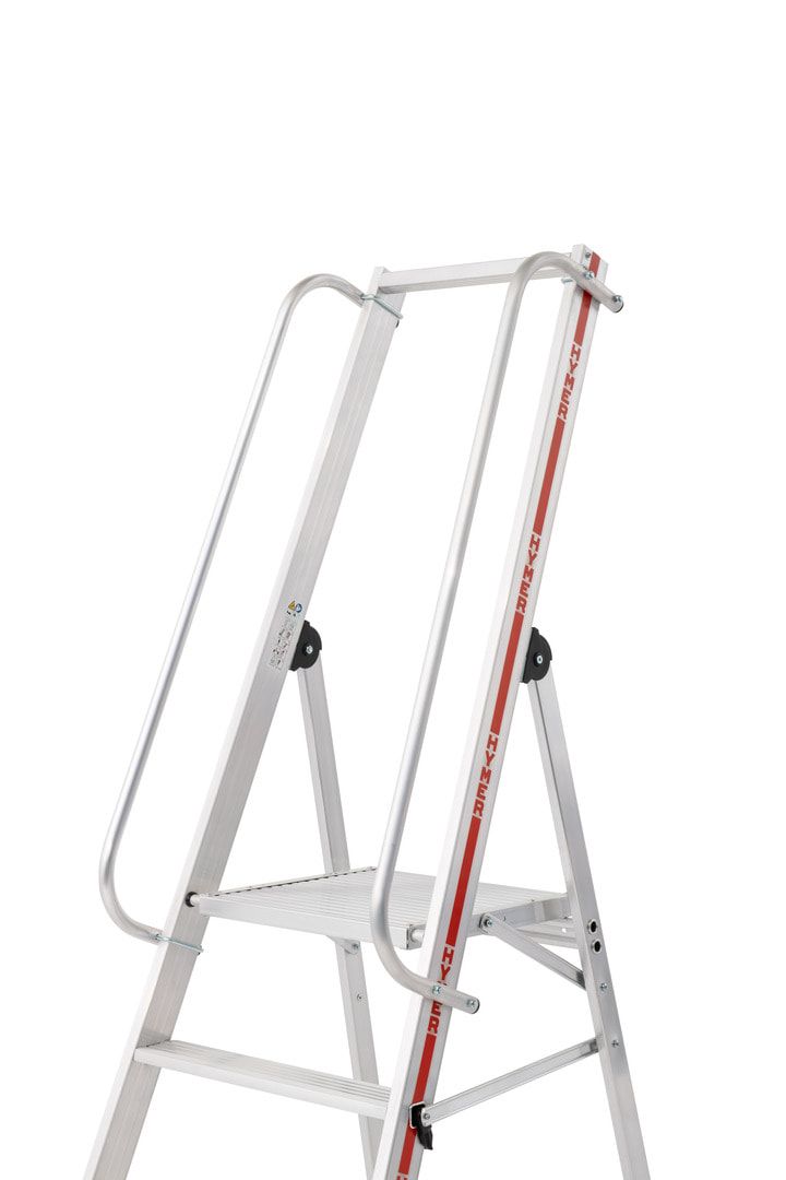 Plattformleiter mit langem Handlauf, Aluminium, Stehleiter, ohne Rollen, Rutschhemmung R11, Leiterlänge 2.100 mm, 4 Stufen, Traglast 150 kg, Hymer