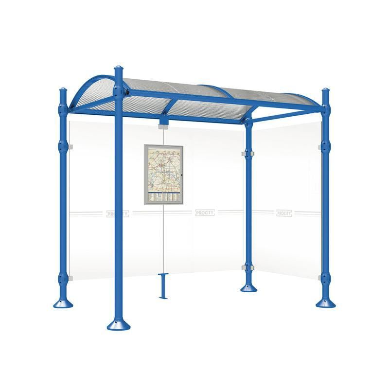 Buswartehalle, Unterstand, 2 Seitenwände, Kopf gebürsteter Edelstahl, ESG, Fahrplanschaukasten, 2.500 x 2.500 x 1.600 mm (HxBxT), Farbe enzianblau