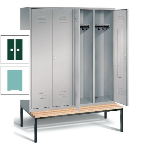 Doppel-Spindschrank, Buche Sitzbank untergebaut, 4 Abteile a 400 mm, Korpus lichtgrau, Tür anthrazitgrau, 2.090 x 1.590 x 815 mm (HxBxT)