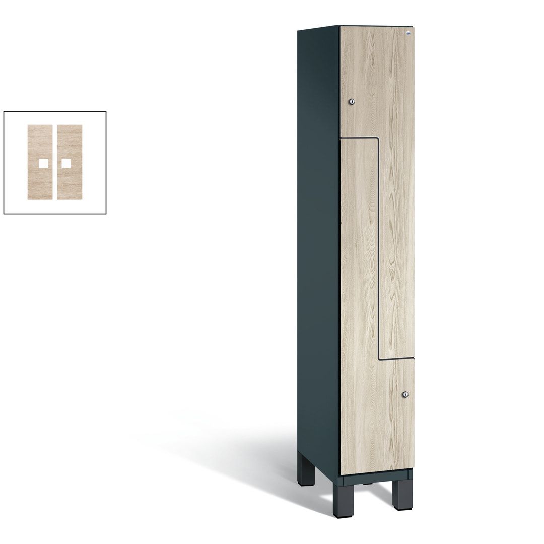 Z-Garderobenspind mit Füßen, 2 Personen, 1.980 x 300 x 525 mm (HxBxT), Korpus Fernblau, Dekorfront HPL Donau-Ahorn