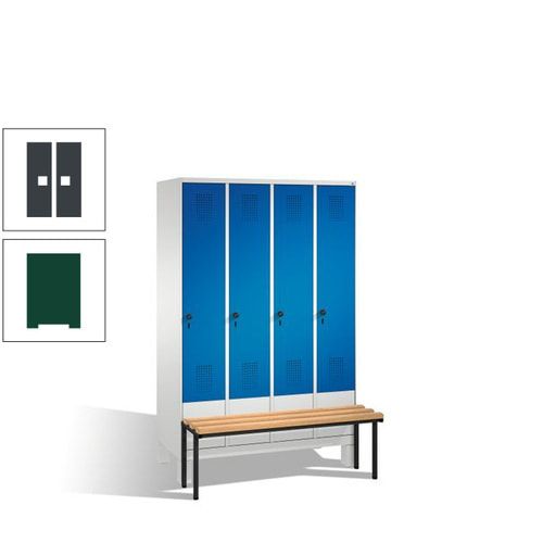 Stahl-Garderobenschrank, Spind, Buche Sitzbank vorgebaut, 4 Abteile a 300 mm, Korpus Lichtgrün, Tür Schwefelgelb, 1.850 x 1.200 x 815 mm (HxBxT)