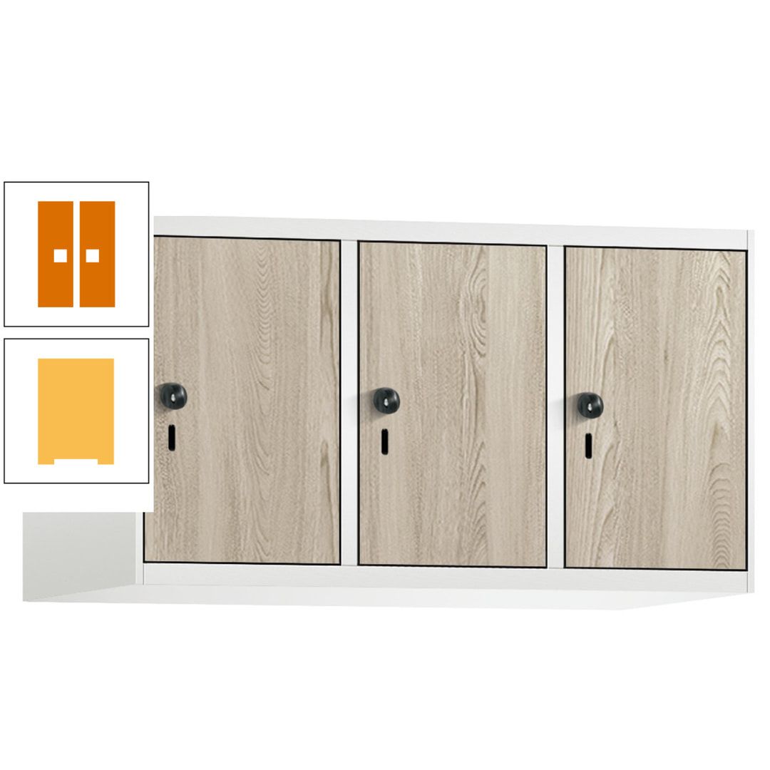 Aufsatzschrank, Schrankaufsatz, 3 Fächer a 300 mm, Farbe Pastellgelb, Tür anthrazitgrau, 500 x 900 x 500 mm (HxBxT)