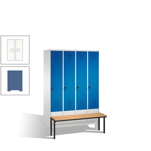 Stahl-Garderobenschrank, Spind, Buche Sitzbank vorgebaut, 4 Abteile a 300 mm, Korpus Lichtgrün, Tür Schwefelgelb, 1.850 x 1.200 x 815 mm (HxBxT)