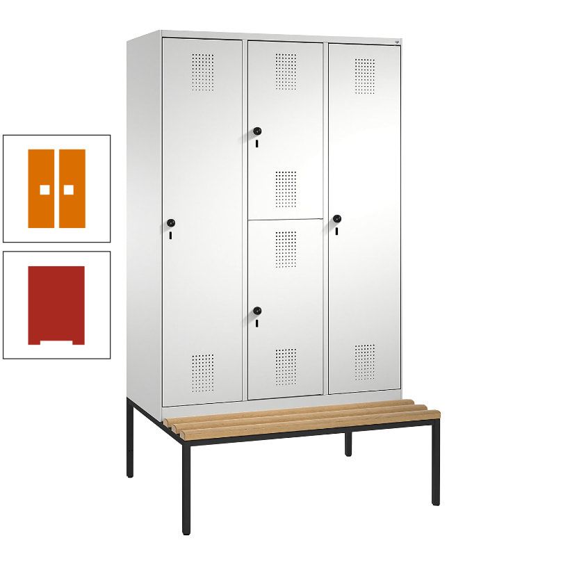 Garderobenschrank, Spind ein- und doppelstöckig Sitzbank, 3 Abteile, 4 Fächer, 2.090x1.200x500 mm (HxBxT), Front anthrazitgrau, Korpus anthrazitgrau