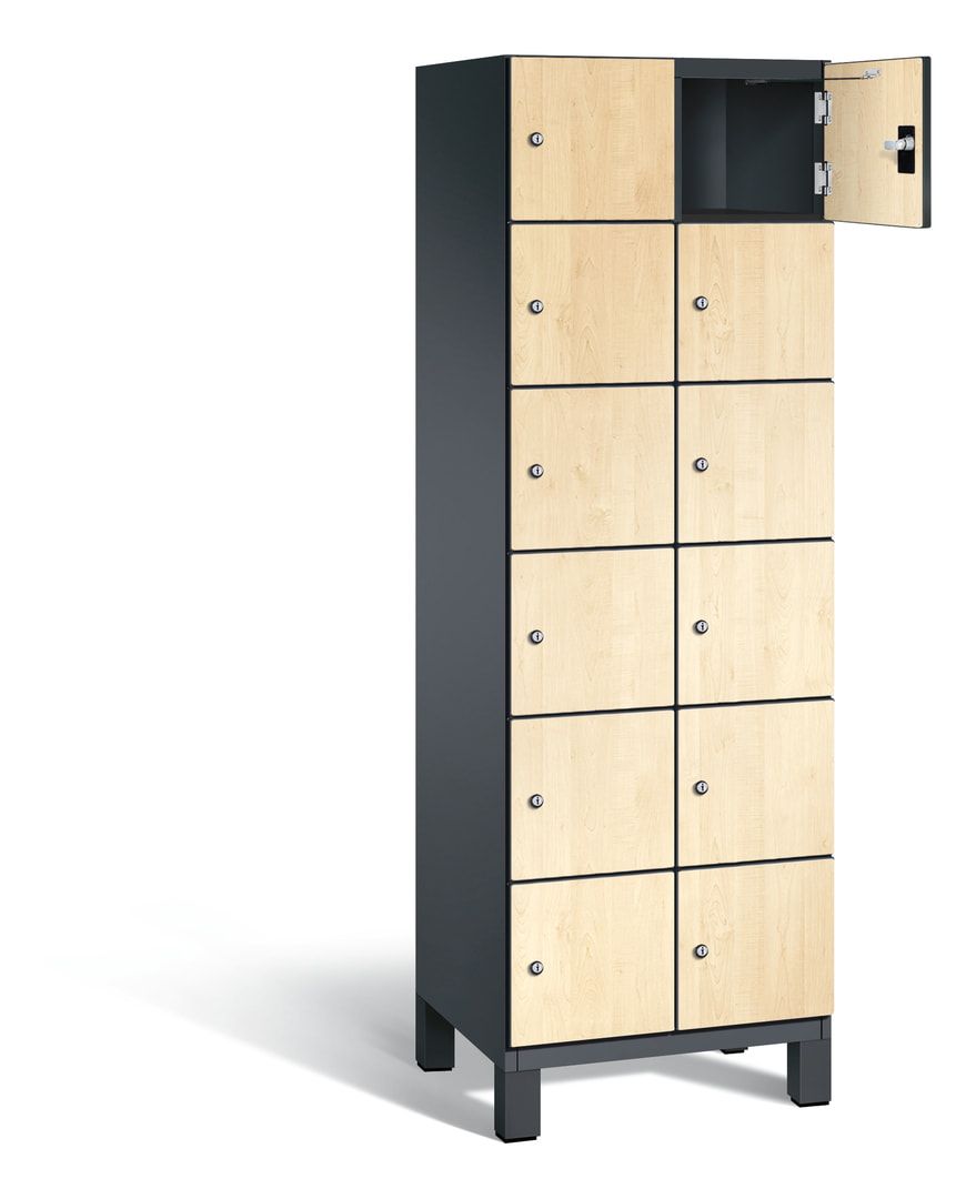 Fächerschrank, Stahlschrank, 12 Fächer, Türöffnungsbegrenzer, Füße, 1.980 x 600 x 525 mm, Korpus anthrazitgrau, Dekorfront HPL Donau-Ahorn