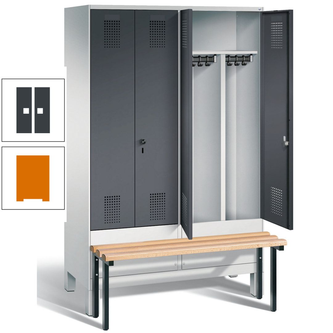 Doppel-Spind, Garderobenschrank, Buche Sitzbank vorgebaut, 4 Abteile a 300 mm, Korpus feuerrot, Tür Wasserblau, 1.850 x 1.200 x 815 mm (HxBxT)