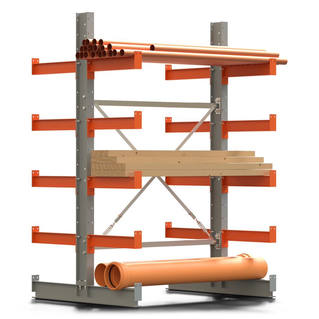Doppelseitiges Kragarmregal, Anbauregal, 2.000 x 1.280 x 1.120 mm (HxBxT), Nutztiefe 500 mm, Kragarmlast 870 kg, KARL basic, silbergrau/reinorange