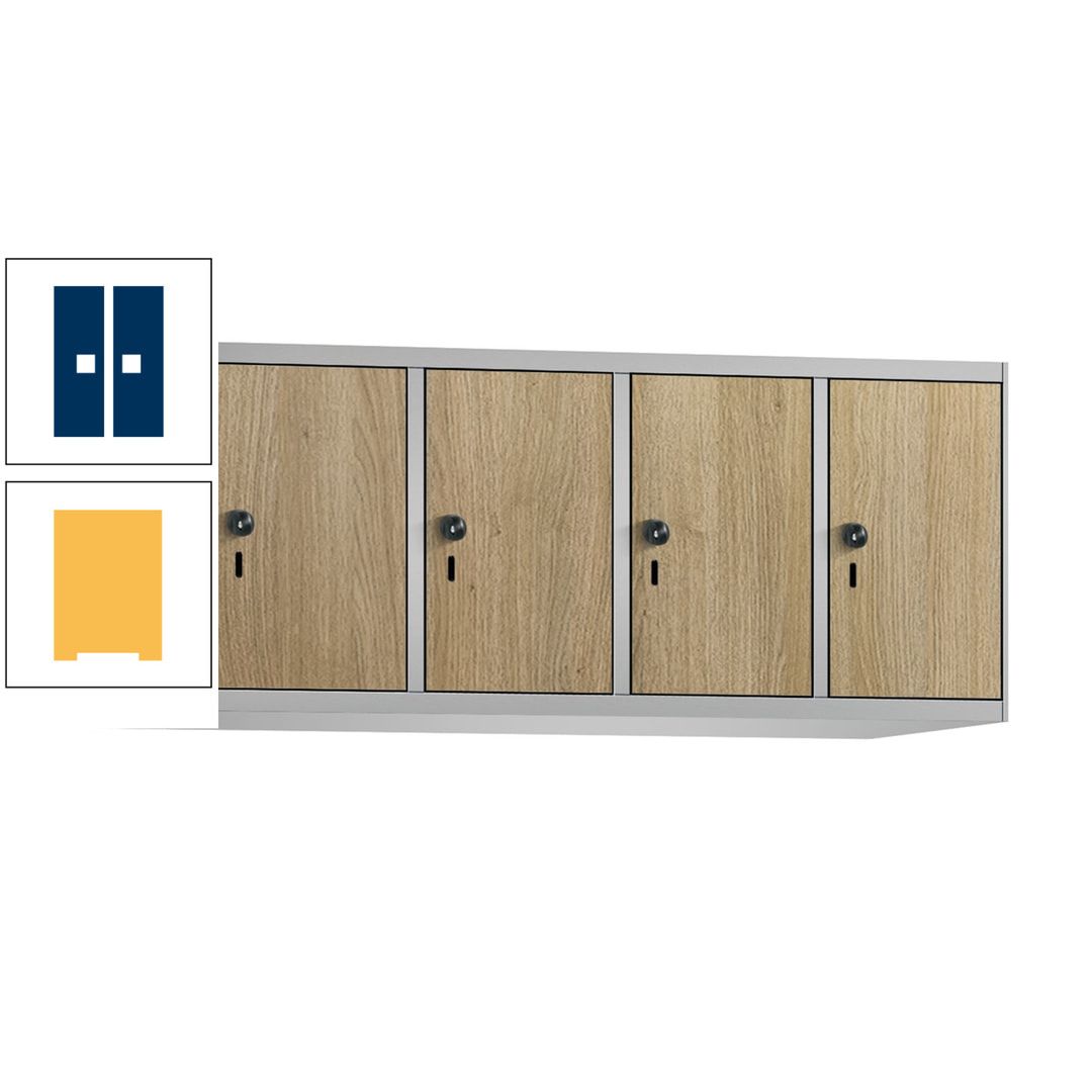 Aufsatzschrank, Schrankaufsatz, 4 Fächer a 300 mm, Farbe Pastellgelb, Tür anthrazitgrau, 500 x 1.200 x 500 mm (HxBxT)