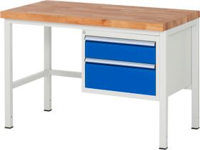 Werkbank - 2 Schubladen - Teilauszug - 150:1 / 210:1 - Höhe 840-1.040 mm - 1.250 x 700 mm - 1.250 kg - Buche - Farbe wählbar
