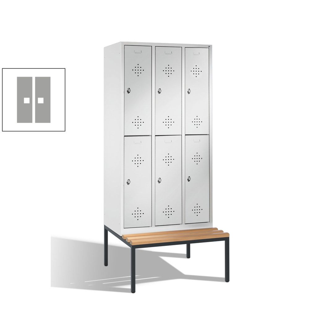 Garderobenschrank, Spind, 3 Abteile 6 Fächer, 2.090 x 1.200 x 815 mm (HxBxT), Hartholz Sitzbank untergebaut, Korpus anthrazitgrau, Türen anthrazitgrau