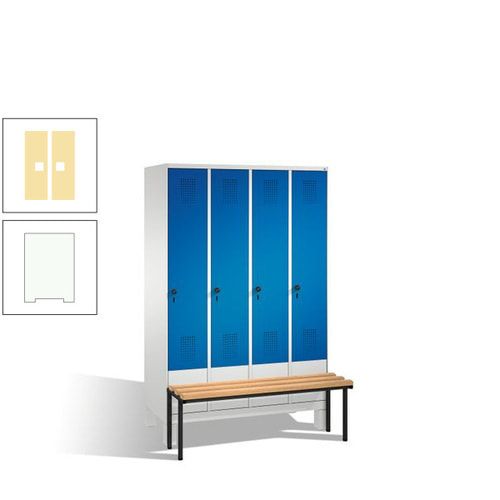Stahl-Garderobenschrank, Spind, Buche Sitzbank vorgebaut, 4 Abteile a 300 mm, Korpus Lichtgrün, Tür Schwefelgelb, 1.850 x 1.200 x 815 mm (HxBxT)