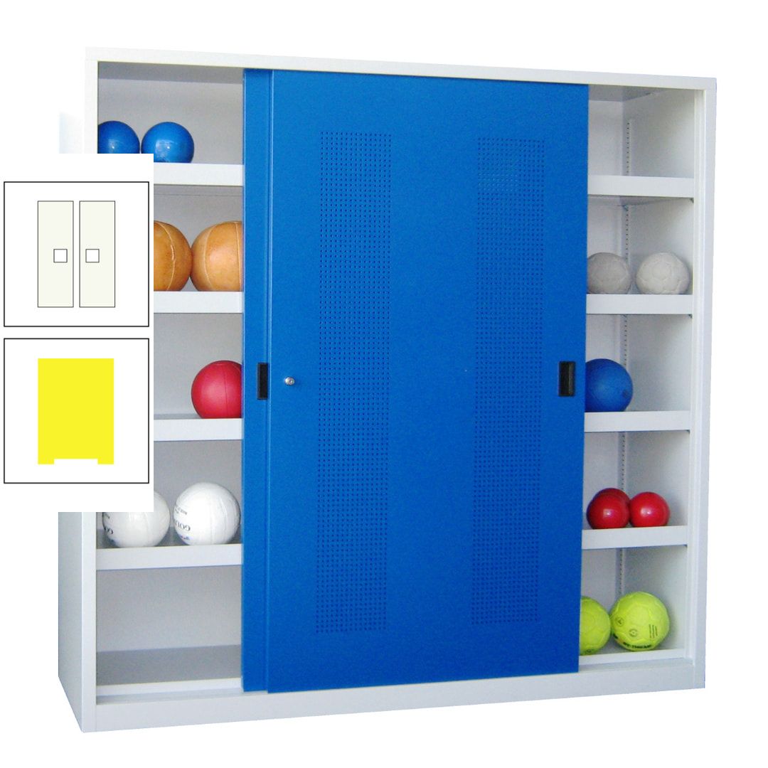Ballschrank - Schiebetüren mit Lochfeld - Trennwand - 8 Böden - 1.950x2.000x600 mm (HxBxT) - anthrazitgrau