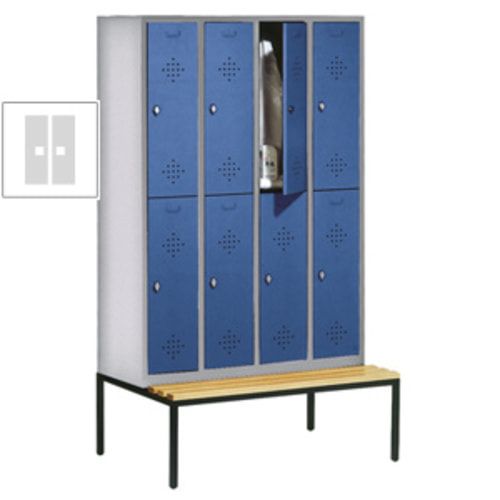 Garderobenschrank, Spind, 4 Abteile 8 Fächer, 2.090 x 1.190 x 815 mm (HxBxT), Hartholz Sitzbank untergebaut, Korpus anthrazitgrau, Türen anthrazitgrau